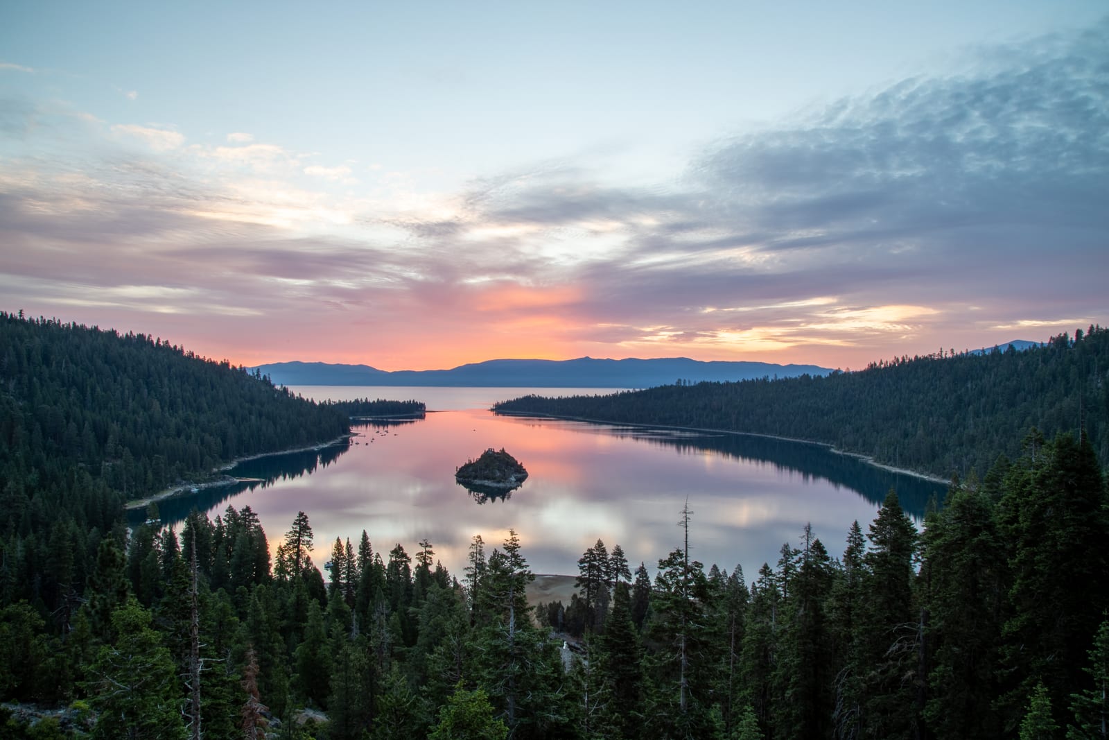 Sunset over Emerald Bay and Fannette Island on the California shore of Lake Tahoe